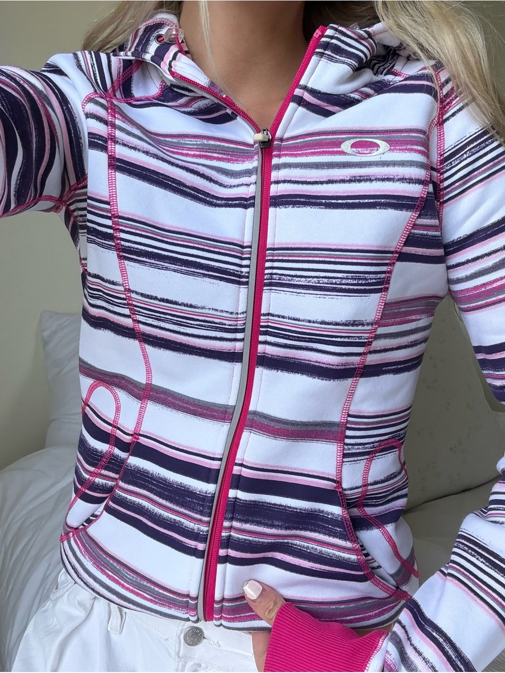 Vintage Oakley Striped Pink & White Hooded Jacket